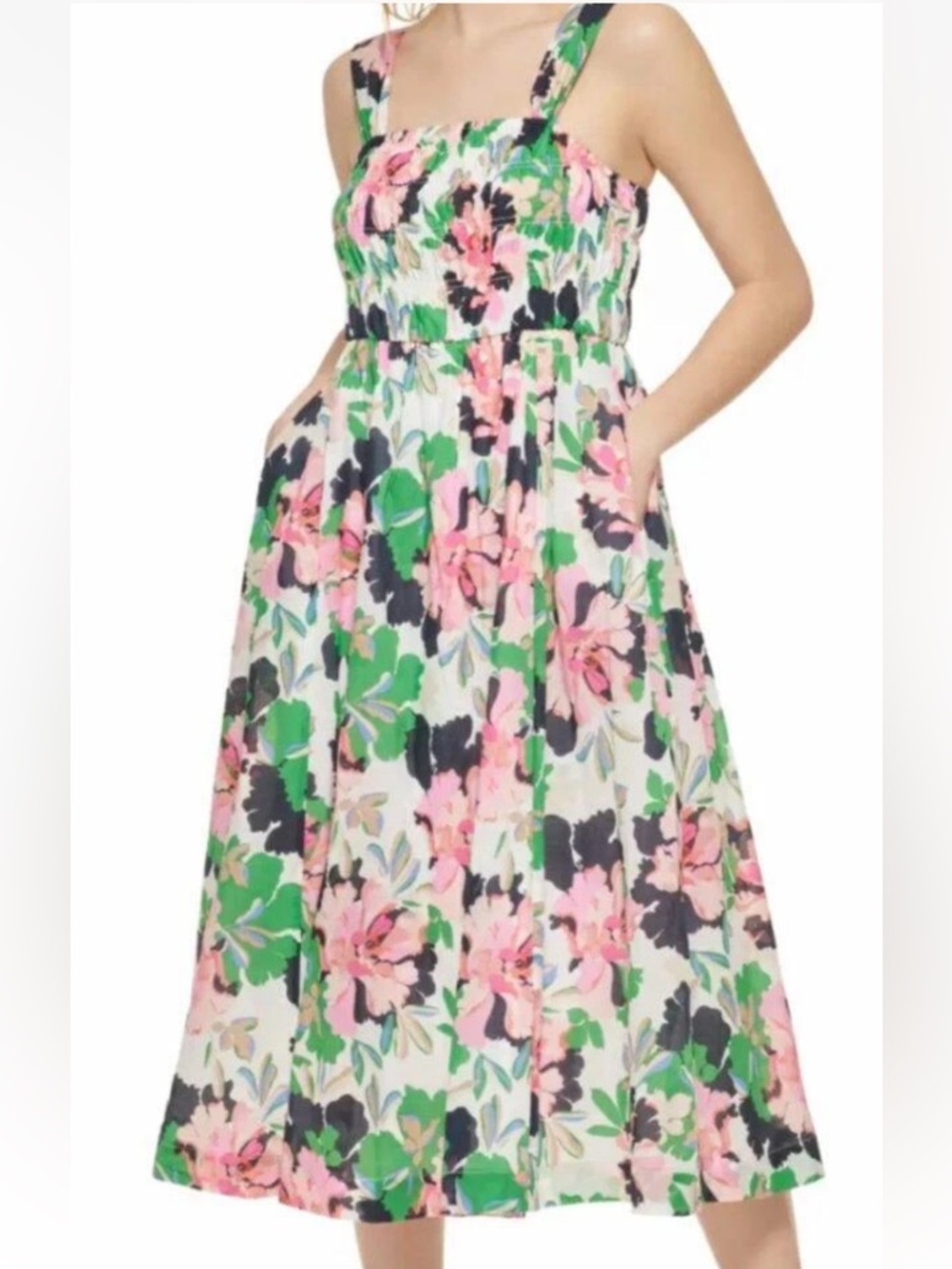 Tommy Hilfiger Island Floral Poplin Sundress Smocked Bodice Midi Dress Size 4